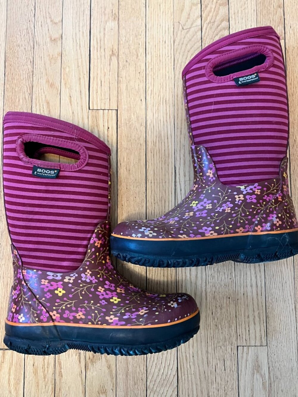 Bogs Kids Plum Floral Striped Rain Boots